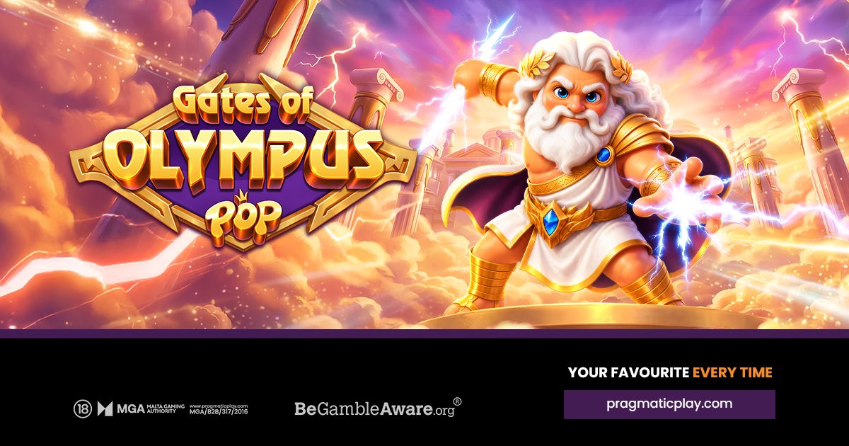 Gates of Olympus POP 宣傳圖:短身宙斯、金甲、暖色雲層與 POP 標誌