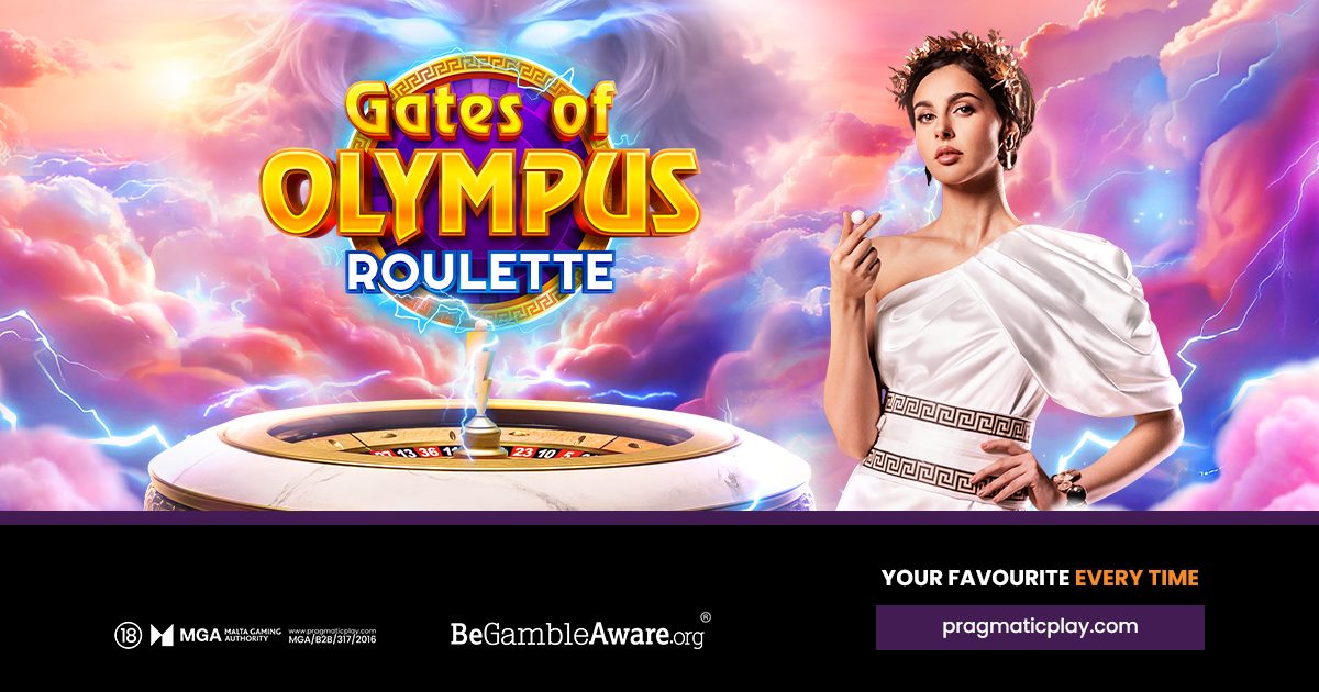 Gates of Olympus Roulette 宣傳圖:穿白色希臘風服裝的主持人、輪盤和雷電天空